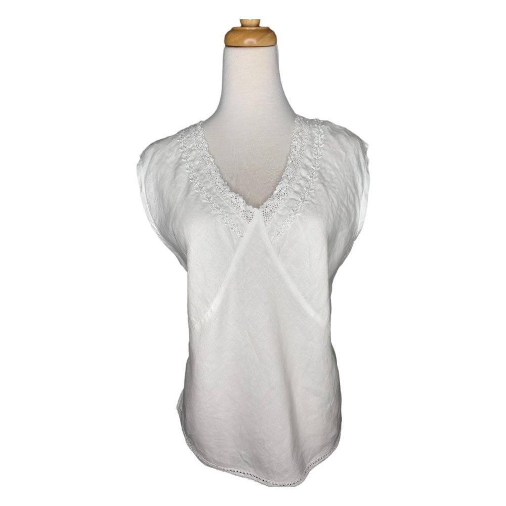 Irish Linen Blouse w Bead and Lace Trim Size L